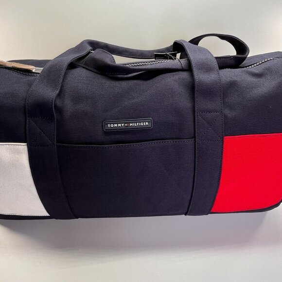 Tommy Hilfiger Duffle Bag Colorblock Navy Red White Canvas Gym Travel Weekender - Picture 10 of 16